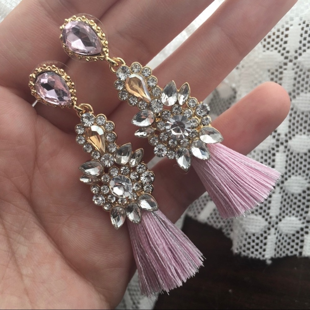 Bejeweled Pink Tassel Earrings